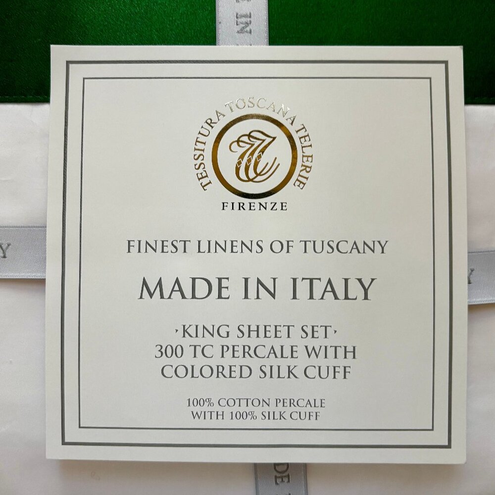 Tessitura Toscana Telerie KING SIZE Sheet Set Green Silk Cuff Percale Cotton - Picture 6 of 6